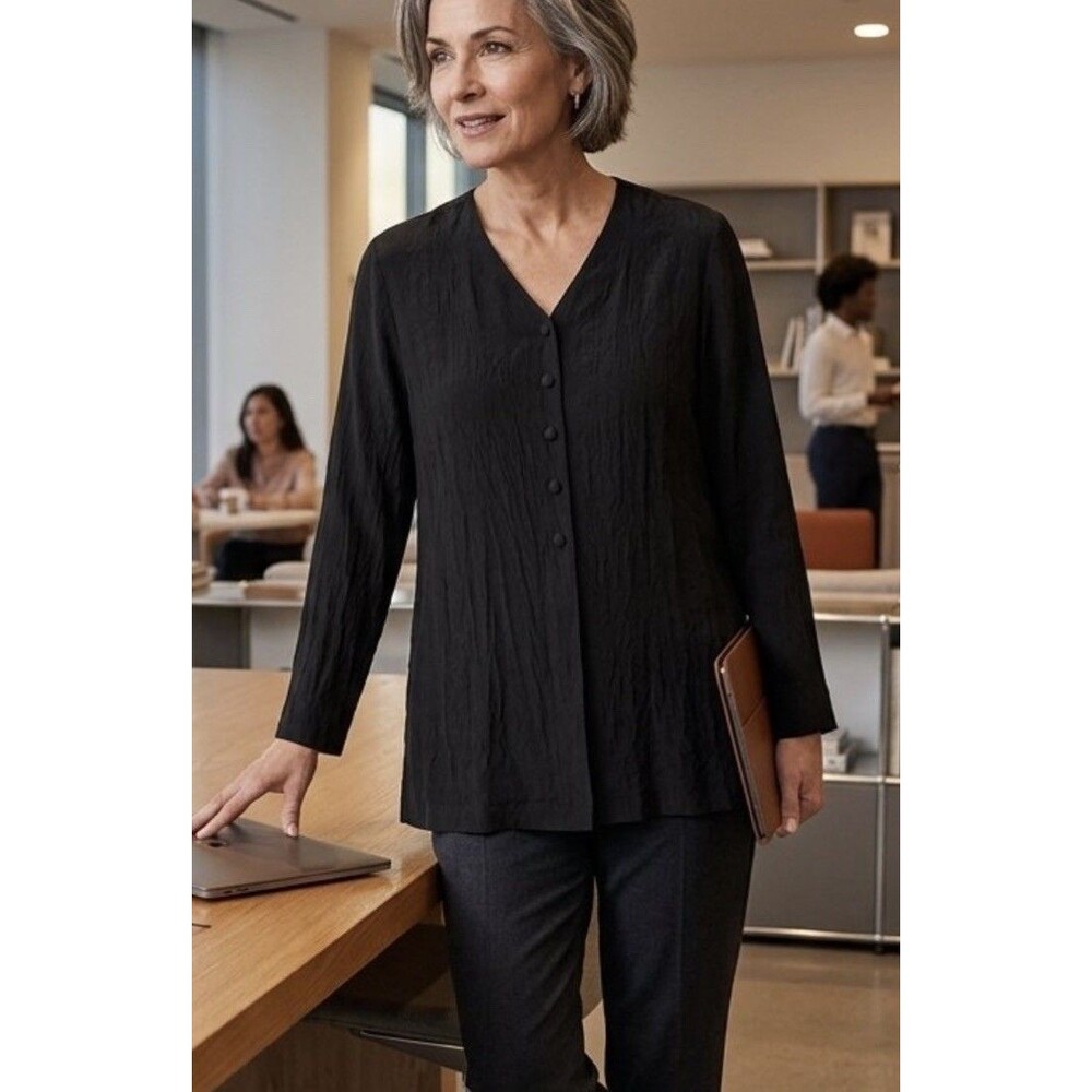Eileen Fisher NY Vtg Silk Tunic Minimalist Lagenlook Old Luxury Black Small